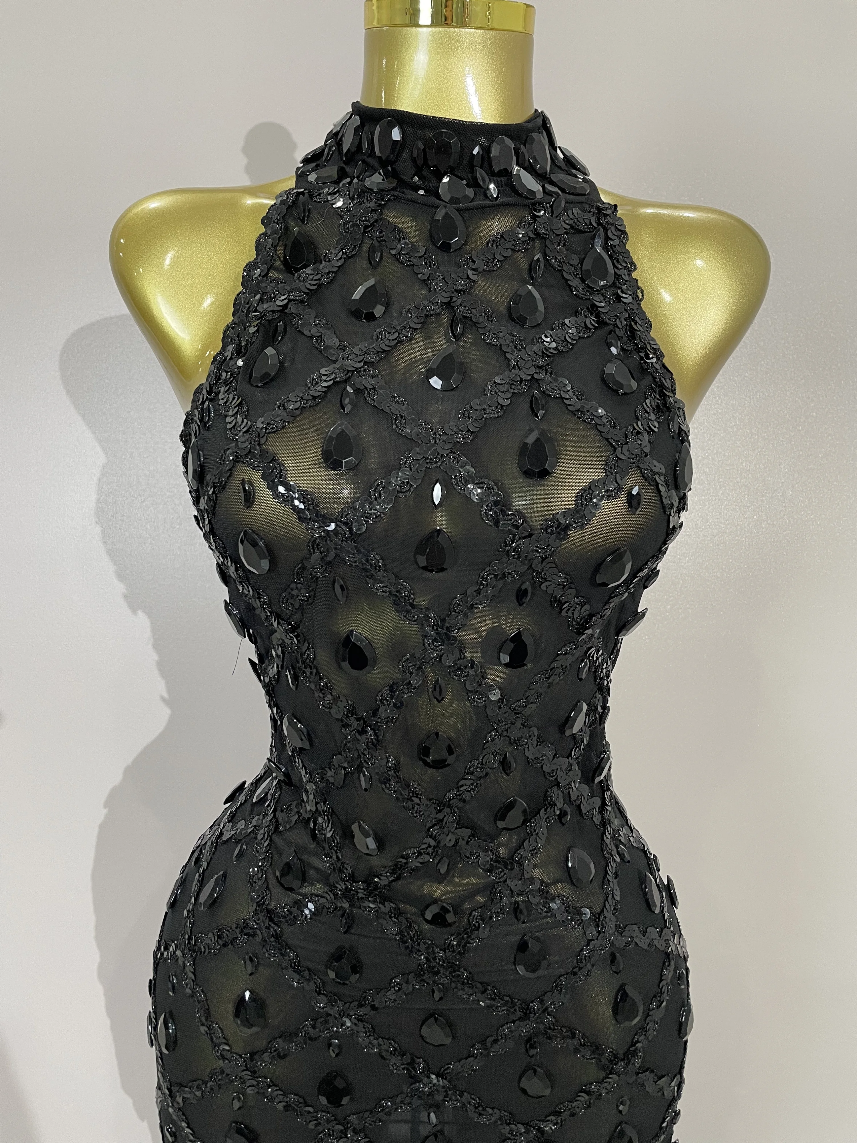 Luxury Sparkly Red Rhinestones Feather Sexy Mesh See Through Long Dress Women Birthday Evening Nightclub DJ Dancer Stage Costume