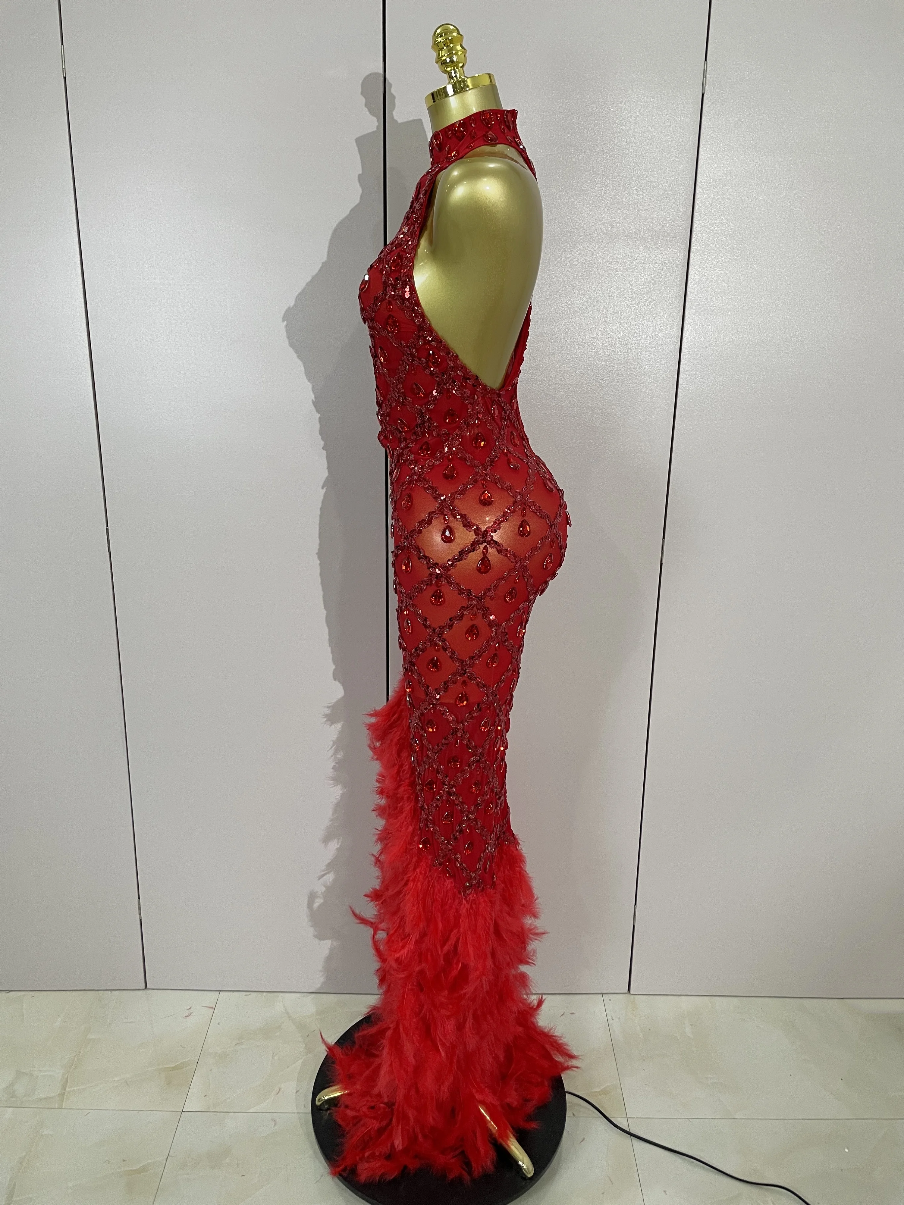 Luxury Sparkly Red Rhinestones Feather Sexy Mesh See Through Long Dress Women Birthday Evening Nightclub DJ Dancer Stage Costume