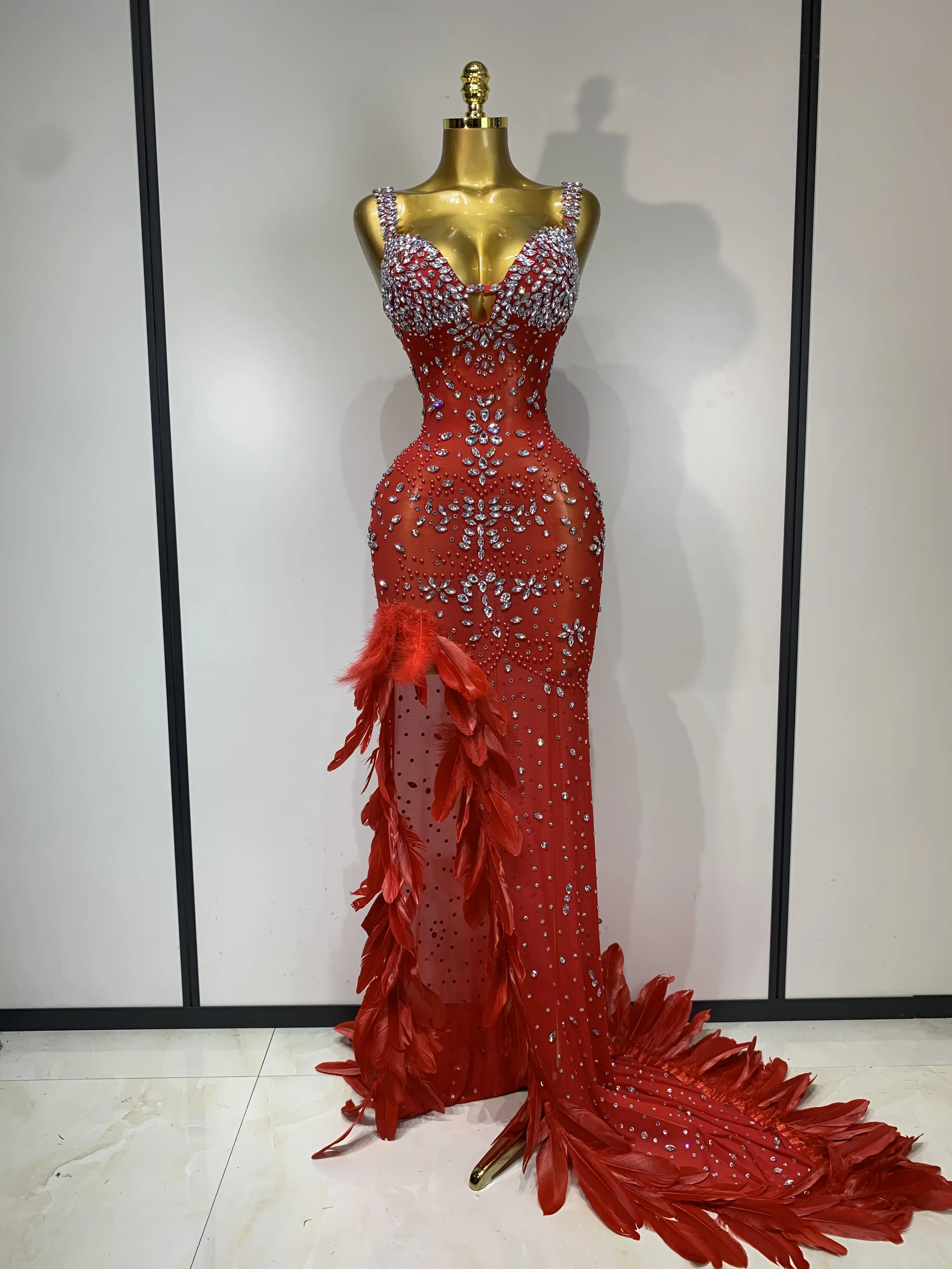 Women Sparkly Rhinestone Feather Mesh Transparent Gown